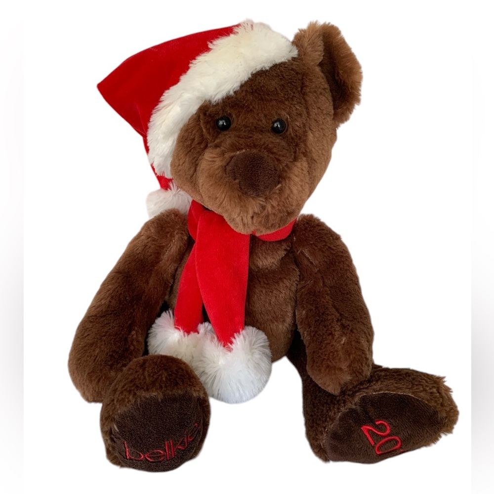 Belkie Bear Stuffed Animal 2011 Festive Santa Hat Scarf Brown White Red